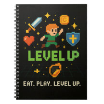 Caderno de Jogador Level Up – Estilo Retro Pixel d