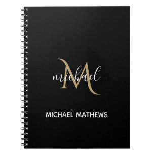 Espiral Caderno de Luxo Monograma Preto e Dourado Elegante