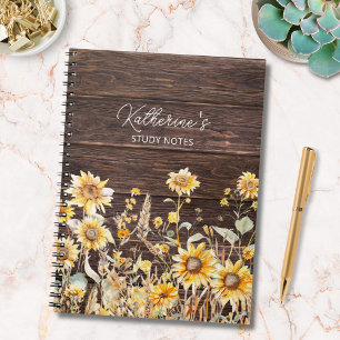 Espiral Caderno de Madeira com Campo de Girassóis Amarelos