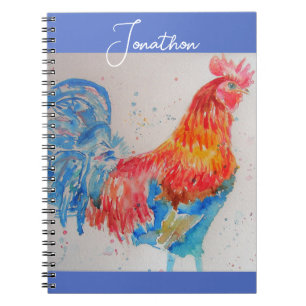 Espiral Caderno de Meninos com Galo em Aquarela Frango Gal