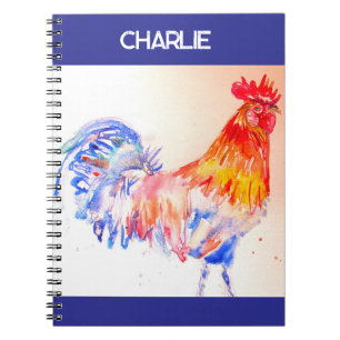 Espiral Caderno de Meninos com Galo em Aquarela Frango Gal
