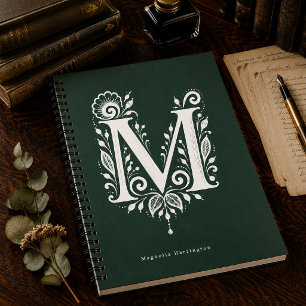 Espiral Caderno de Monograma Botânico de Linocut com Letra