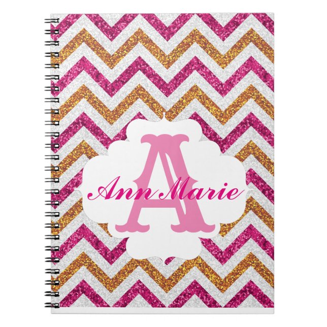 Espiral Caderno de Monograma com Brilho Rosa e Dourado (Frente)