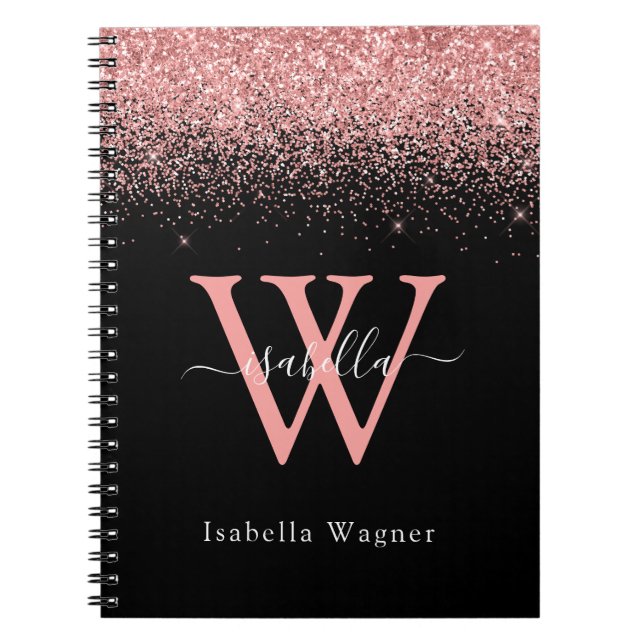 Espiral Caderno de Nome em Script Elegante com Brilho Pret (Frente)