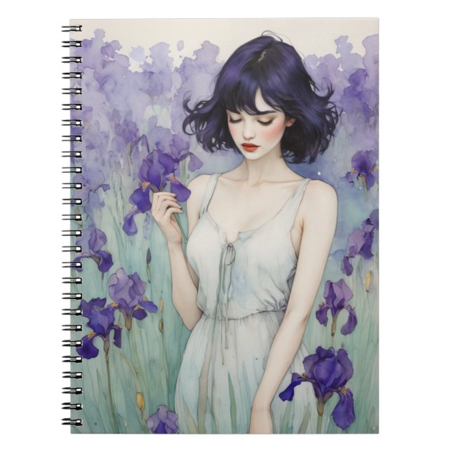 Espiral Caderno de Notas Menina entre Flores de Íris (Frente)