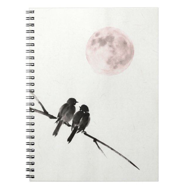 Espiral Caderno de Notas Pássaros sob a Lua Corada (Frente)