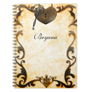Espiral Caderno Diário Antigo Vintage com Coração e Fechad