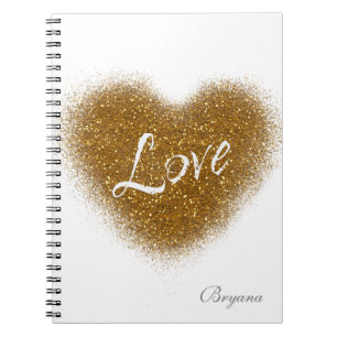 Espiral Caderno Diário Glamour Coração LOVE Brilho Dourado