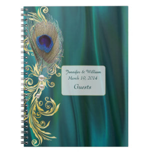 Espiral Caderno do casamento da pena do cetim e do pavão