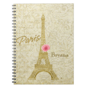 Espiral Caderno Elegante Torre Eiffel Paris Dourado e Rosa