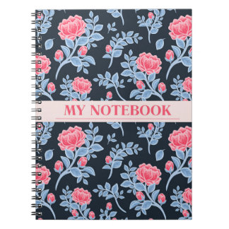 Espiral Caderno Estético Floral Rosa Bonito e Azul Céu