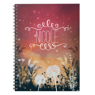 Espiral Caderno Estrelas e Folhagens do Céu Noturno Vermel
