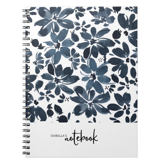 Espiral Caderno Floral Azul Marinho Capa de Menina Fofa (Frente)