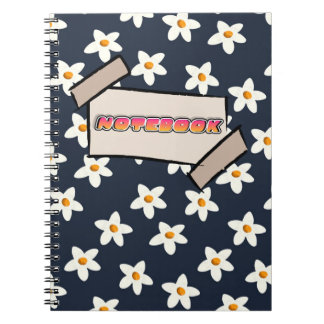 Espiral Caderno Floral Branco Fofo Azul Naval e Laranja 