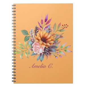 Espiral Caderno Floral de Aquarela Tom de Pêssego Doce