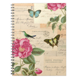 Espiral Caderno floral do vintage com rosas e borboletas