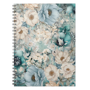 Espiral Caderno Floral Elegante em Pastel Turquesa