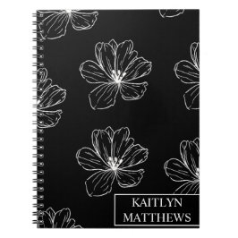 Espiral Caderno Floral Preto Minimalista Personalizado com