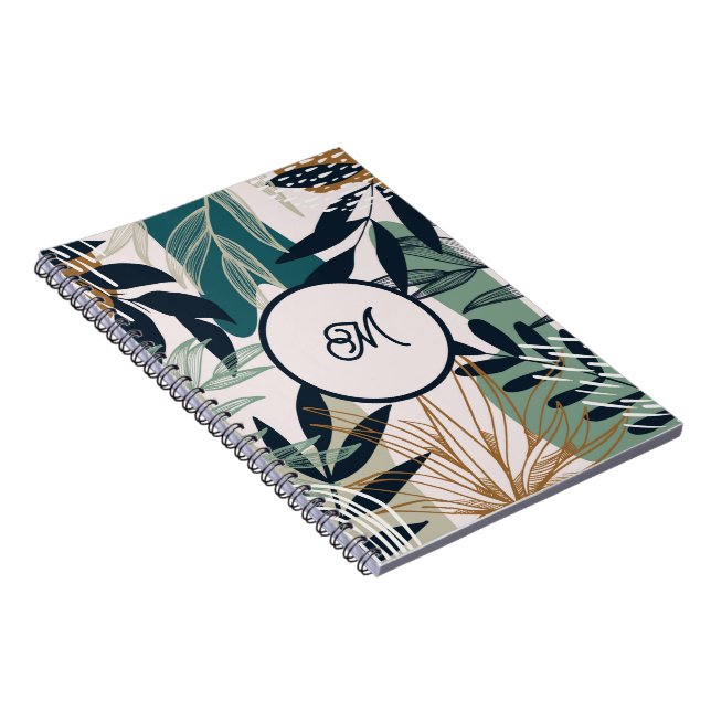Espiral Caderno Folhas Boho Navy Azul Turquesa Dourado (Lado Direito)