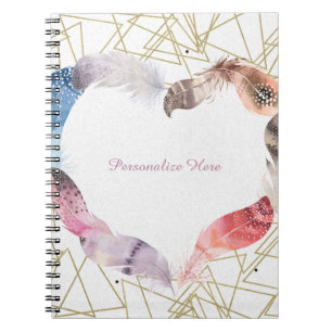 Espiral Caderno Moderno Boho Chic Pena Coração Glam