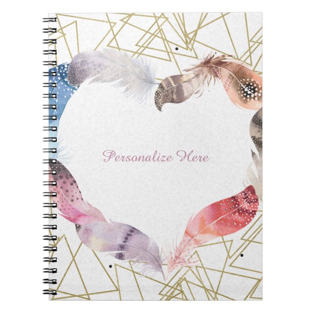 Espiral Caderno Moderno Boho Chic Pena Coração Glam (Frente)