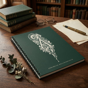 Espiral Caderno Monograma Botânico em Linocut com Letra A