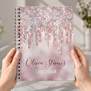 Espiral Caderno monograma com brilho dourado rosa chic