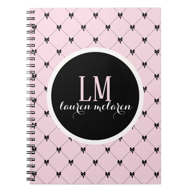 Espiral Caderno Monograma com Laço Rosa e Preto (Frente)