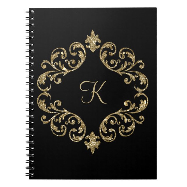 Espiral Caderno Monograma Preto com Brilho Dourado (Frente)