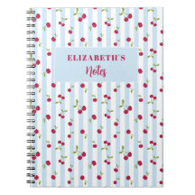 Caderno Personalizado Cereja Listras Azuis Retro F