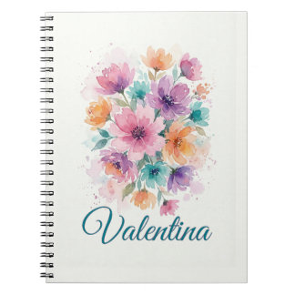Espiral Caderno Personalizado com Nome e Flores em Aquarel