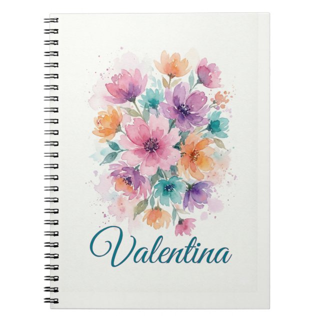 Espiral Caderno Personalizado com Nome e Flores em Aquarel (Frente)