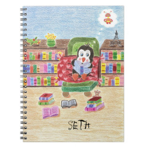 Espiral Caderno personalizado do miúdo da leitura pinguim