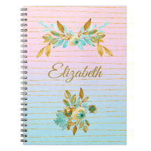 Caderno Personalizado Floral Turquesa e Dourado