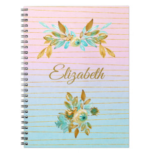 Espiral Caderno Personalizado Floral Turquesa e Dourado