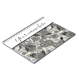 Espiral Caderno personalizado preto e branco paisley