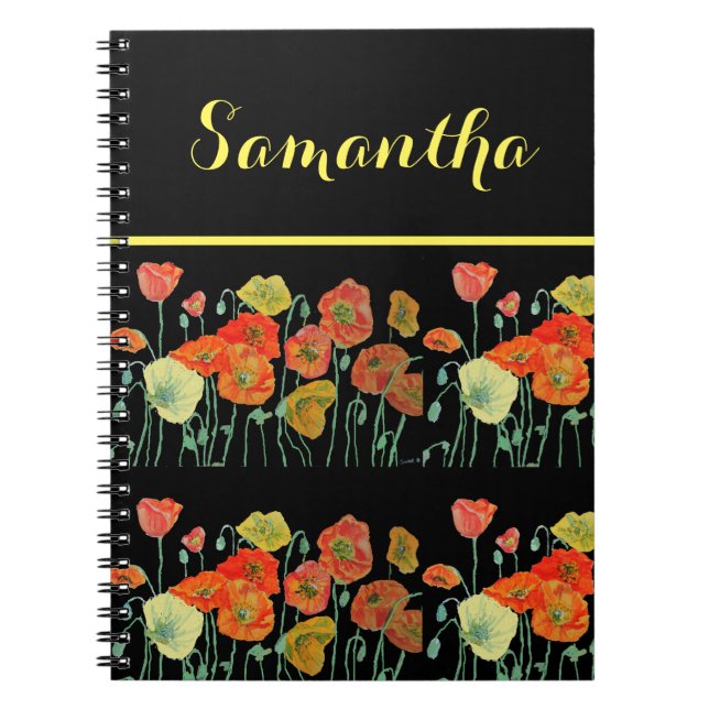 Espiral Caderno Preto Flor de Papoula Laranja Floral (Frente)