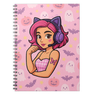 Espiral Caderno Rosa de Halloween para Gamer Menina Fant