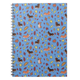 Espiral Caderno Simples Azul Folhas de Outono Corgi