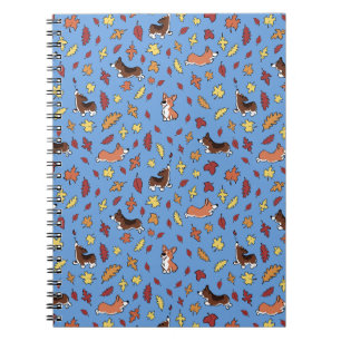 Espiral Caderno Simples Azul Folhas de Outono Corgi