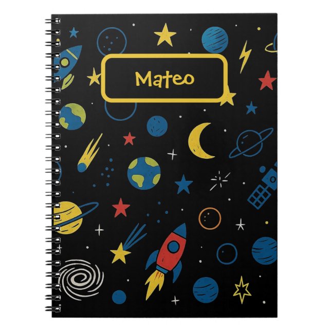 Espiral Caderno Temático Espacial Com Doodle de Foguete &  (Frente)