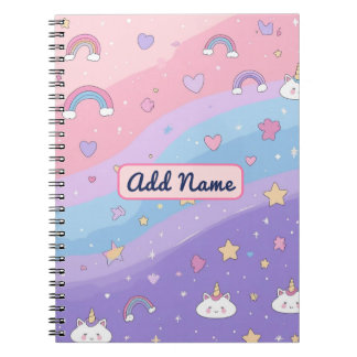 Espiral Caderno Unicórnio Arco-Íris Pastel Fofo – Nome Edi