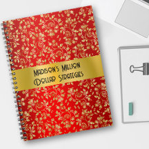 Caderno Vermelho Folhas de Folha Dourada Luxuosa