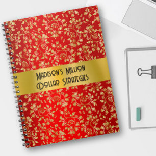 Espiral Caderno Vermelho Folhas de Folha Dourada Luxuosa