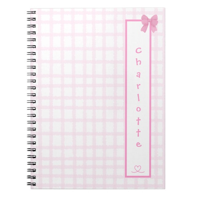 Espiral Caderno Xadrez Rosa Pastel com Laço Fofo (Frente)