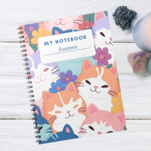 Espiral Capa de Caderno de Gatos Felizes e Flores