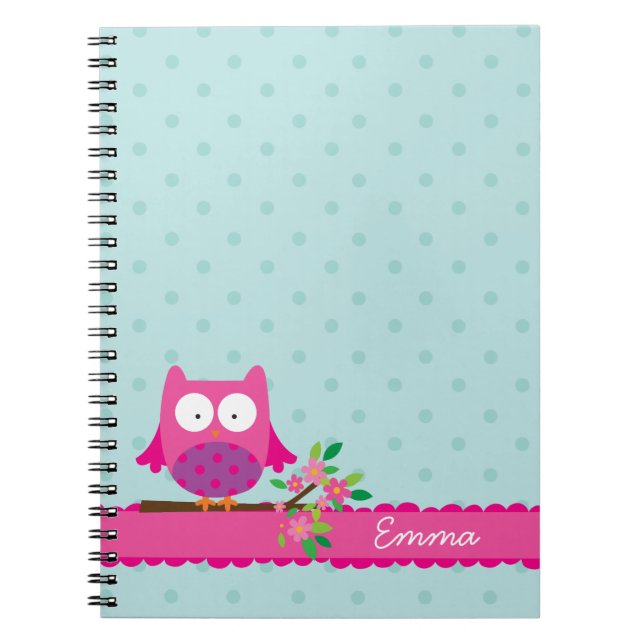 Espiral Coruja cor-de-rosa em um caderno personalizado (Frente)