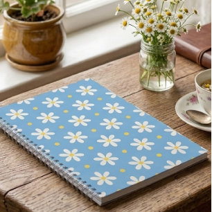 Espiral Cottagecore Margarida Estética Floral Caderno Azul
