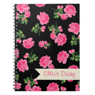 Espiral Flores cor-de-rosa personalizadas & caderno preto