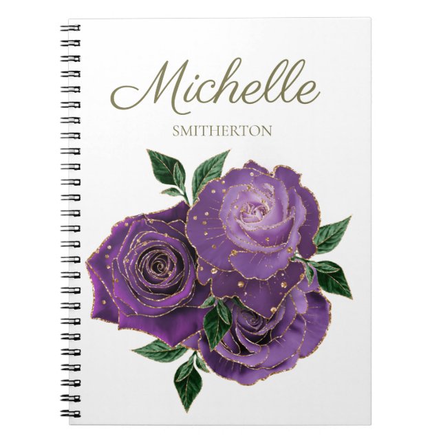 Espiral Flores Douradas Roxas Caderno Branco Personalizado (Frente)